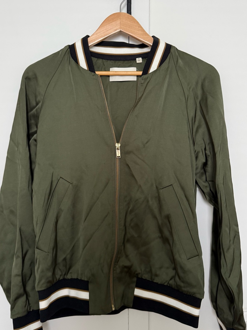 Babaton Olive Green Bomber Jacket with Striped Trim